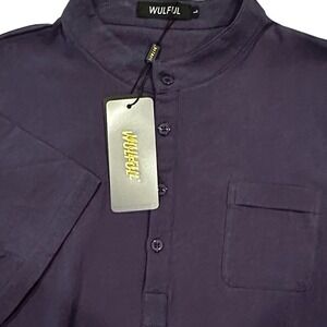 WULFUL Cotton Linen Henley Basic Casual T-Shirt Men's Large Navy Summer Beach‎